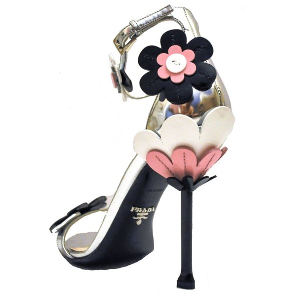 Prada Silver (Argento) Floral Ankle-wrap Patent Leather Sandals - Picture 5 of 6